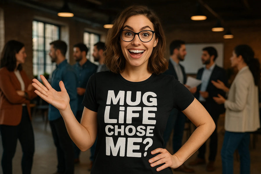 A person with shoulder-length brown hair and glasses is smiling broadly. They are wearing a black T-shirt with the text "MUG LIFE CHOSE ME?" printed in white. In the background, a group of people is engaged in conversation in a casual office setting.