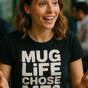 "Mug Life Chose Me" black entrepreneurs t shirt, photographed as entrepreneurs lover gift
