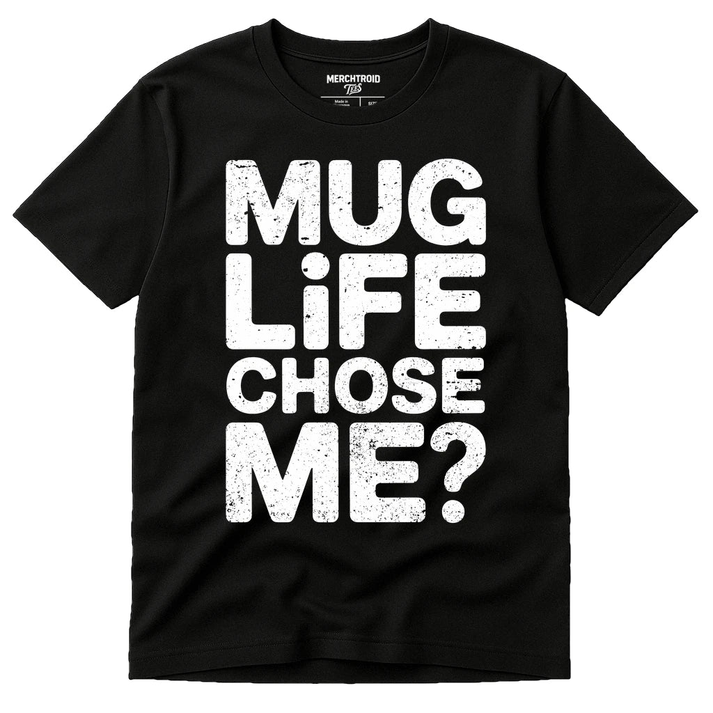 A black t-shirt with large, distressed white text on the front. The shirt also has a small label at the neckline that reads "MERCHTROID."