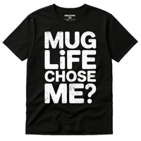 A black t-shirt with large, distressed white text on the front. The shirt also has a small label at the neckline that reads 