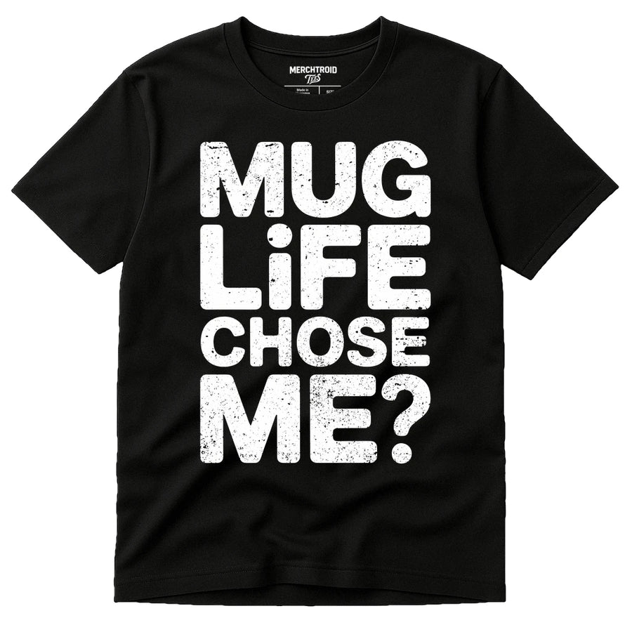 A black t-shirt with large, distressed white text on the front. The shirt also has a small label at the neckline that reads "MERCHTROID."