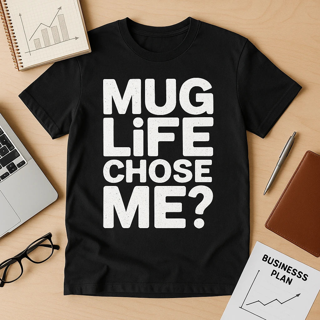 A black t-shirt with large white text that reads "MUG LIFE CHOSE ME?" placed on a wooden surface. Surrounding items include a pair of eyeglasses, a notebook with a graph, a pen, a laptop partial view, and a paper labeled "BUSINESS PLAN" with an upward-trending graph.