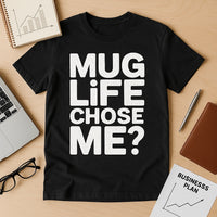 A black t-shirt with large white text that reads 