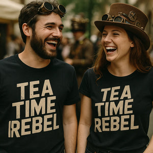 Person wearing the black steampunk shirts graphic tee - "Tea Time Rebel" design