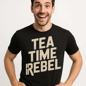 Close-up of the "Tea Time Rebel" tan print on a premium Bella+Canvas black steampunk shirts