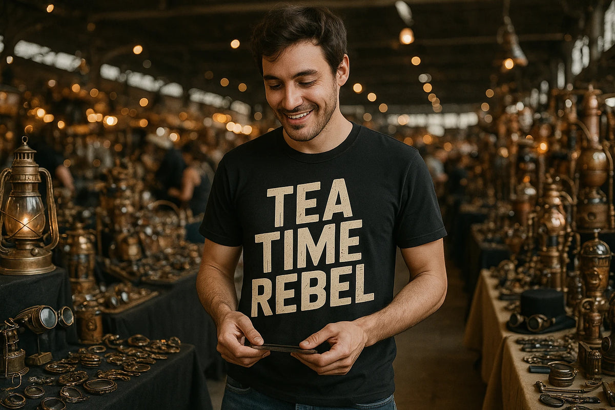 Lifestyle shot of the "Tea Time Rebel" black steampunk shirts in a real-world setting