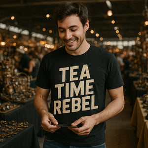 Lifestyle shot of the "Tea Time Rebel" black steampunk shirts in a real-world setting