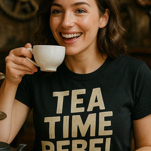 "Tea Time Rebel" black steampunk shirts, photographed as steampunk lover gift