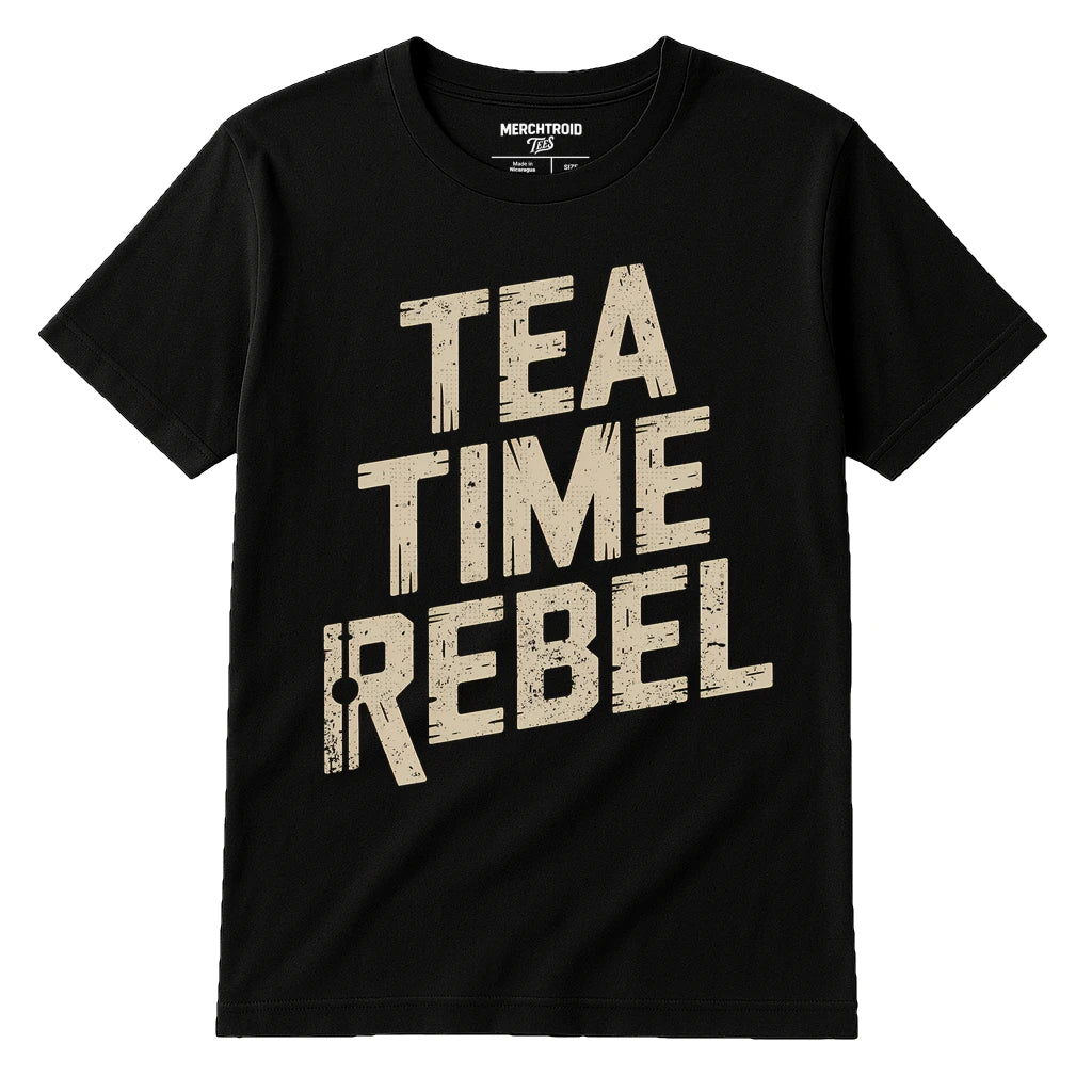 Black Steampunk Shirts - "Tea Time Rebel" graphic tee with tan print, flat lay product photo