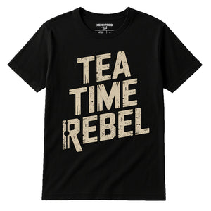 Black Steampunk Shirts - "Tea Time Rebel" graphic tee with tan print, flat lay product photo