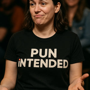 "Pun Intended" black comedy shirts, photographed as gifts for comedy lovers