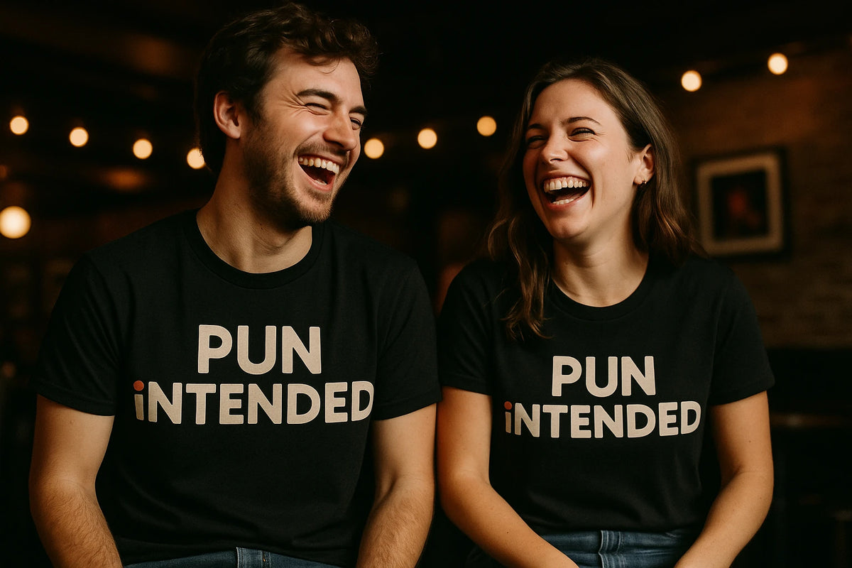 Person wearing the black comedy shirts graphic tee - "Pun Intended" design