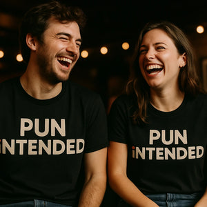 Person wearing the black comedy shirts graphic tee - "Pun Intended" design