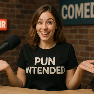 Lifestyle shot of the "Pun Intended" black comedy shirts in a real-world setting