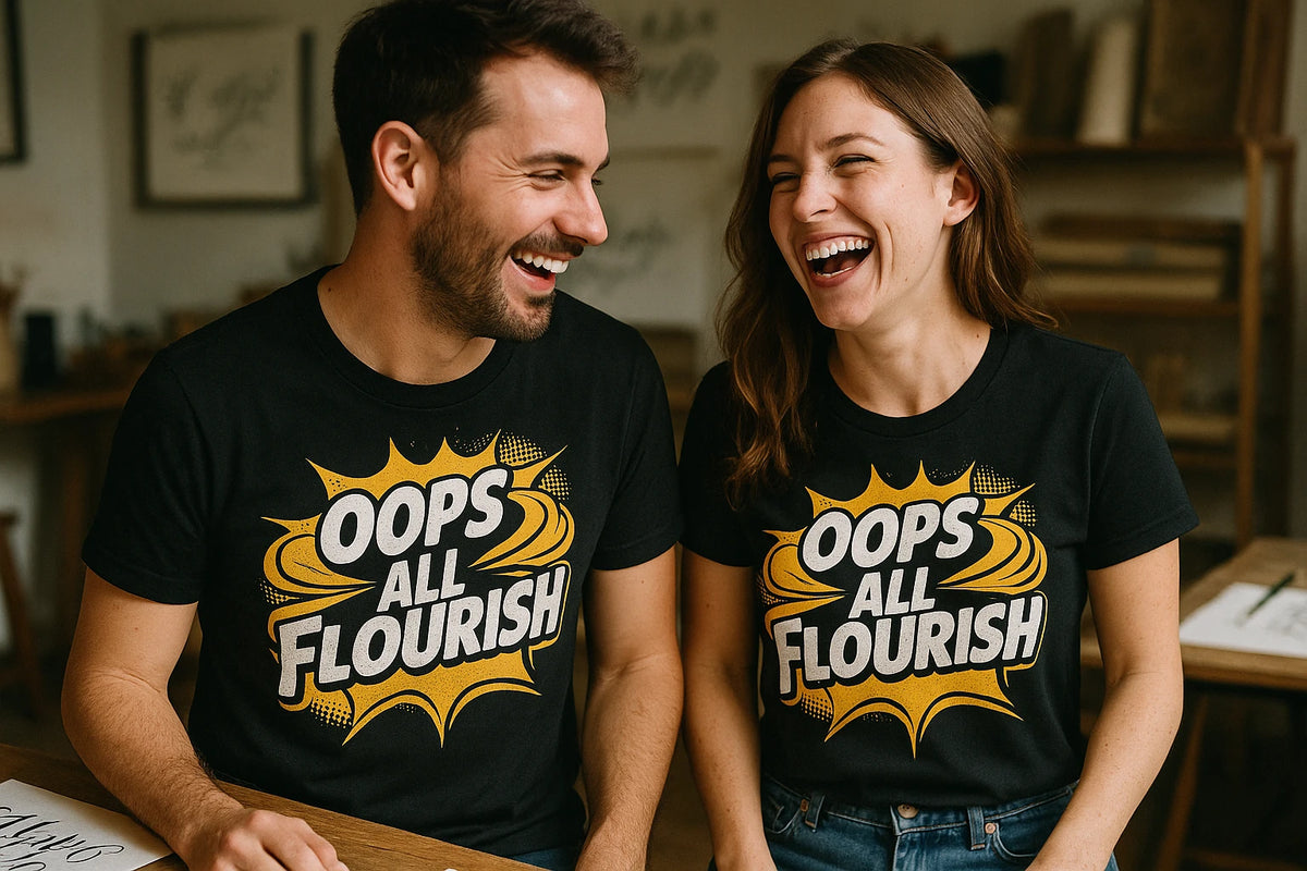 Person wearing the black calligraphy tees graphic tee - "Oops All Flourish" design