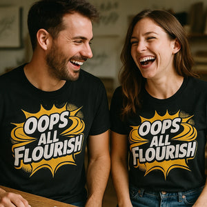 Person wearing the black calligraphy tees graphic tee - "Oops All Flourish" design