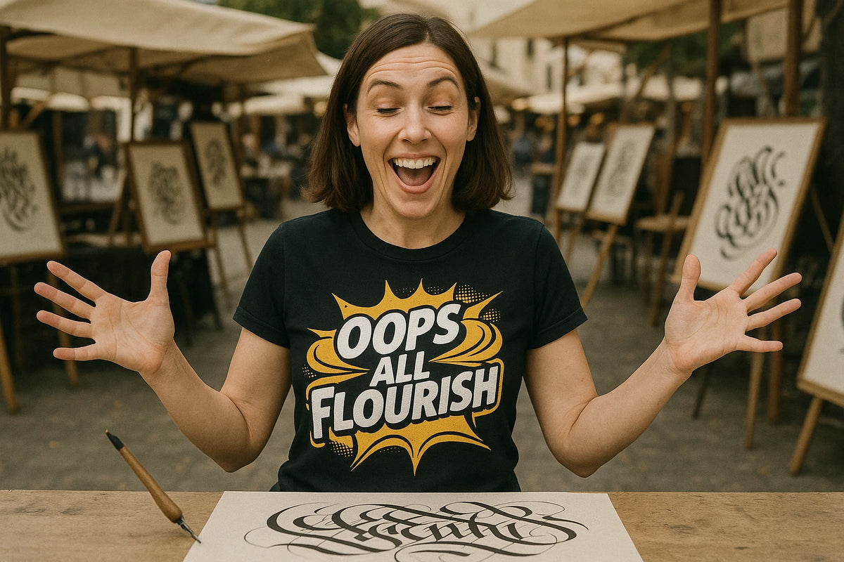 Lifestyle shot of the "Oops All Flourish" black calligraphy tees in a real-world setting