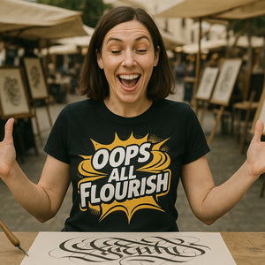 Lifestyle shot of the "Oops All Flourish" black calligraphy tees in a real-world setting