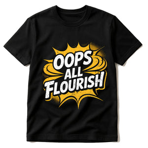Black Calligraphy Tees - "Oops All Flourish" graphic tee with yellow print, flat lay product photo