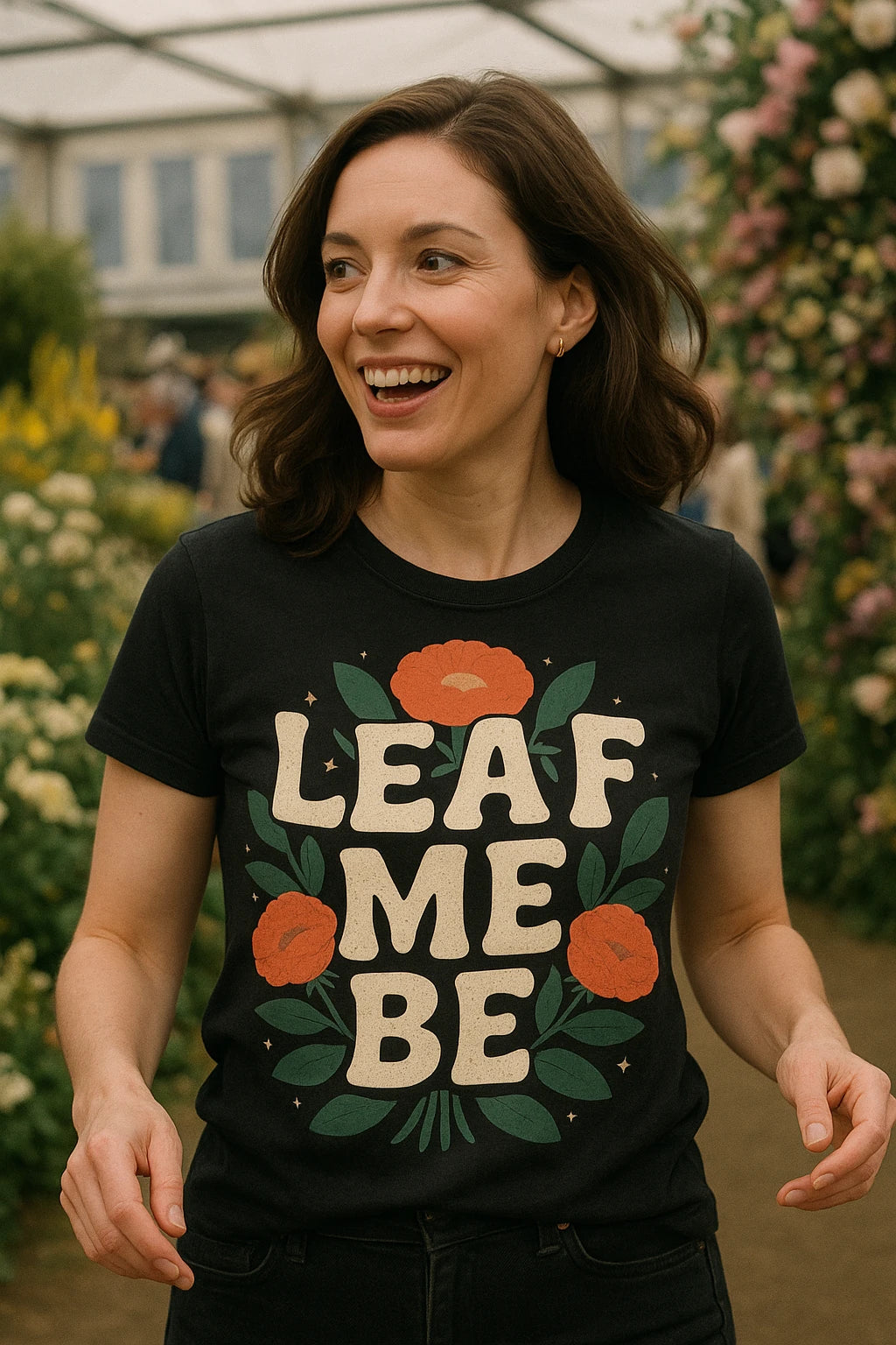 "Leaf Me Be" black florist shirts, photographed as florist gift