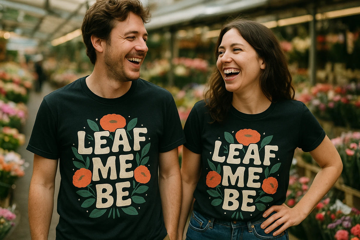 Person wearing the black florist shirts graphic tee - "Leaf Me Be" design