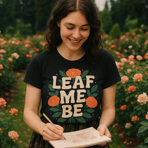 Lifestyle shot of the "Leaf Me Be" black florist shirts in a real-world setting