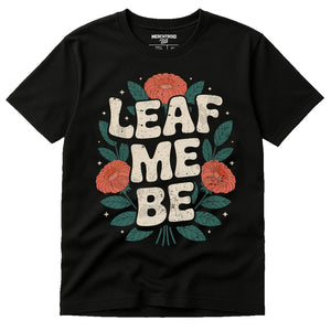 Black Florist Shirts - "Leaf Me Be" graphic tee with brown print, flat lay product photo