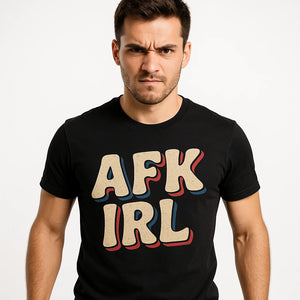 Close-up of the "Afk Irl" beige print on a premium Bella+Canvas black esports tshirt design