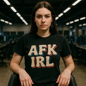Lifestyle shot of the "Afk Irl" black esports tshirt design in a real-world setting