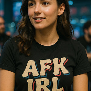 "Afk Irl" black esports tshirt design, photographed as esport lover gift