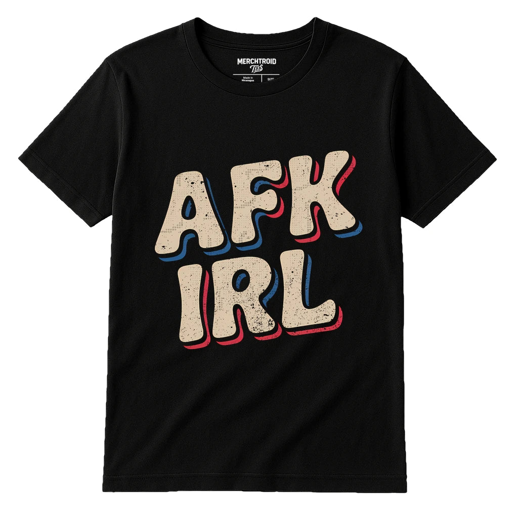 Black Esports Tshirt Design - "Afk Irl" graphic tee with beige print, flat lay product photo