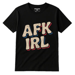 Black Esports Tshirt Design - "Afk Irl" graphic tee with beige print, flat lay product photo