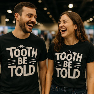 Person wearing the black dentist t shirt graphic tee - "Tooth Be Told" design