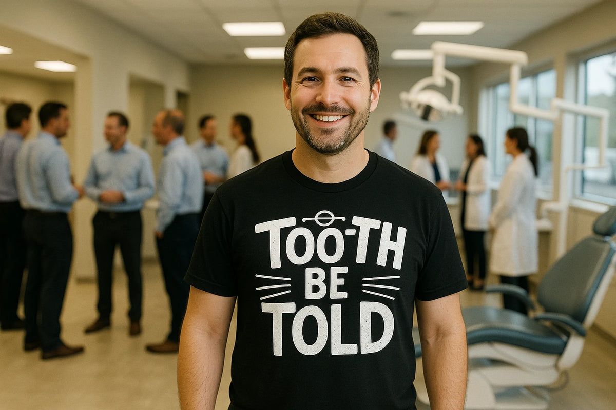 Lifestyle shot of the "Tooth Be Told" black dentist t shirt in a real-world setting