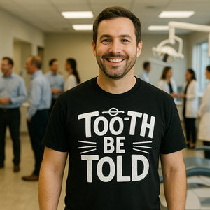 Lifestyle shot of the "Tooth Be Told" black dentist t shirt in a real-world setting