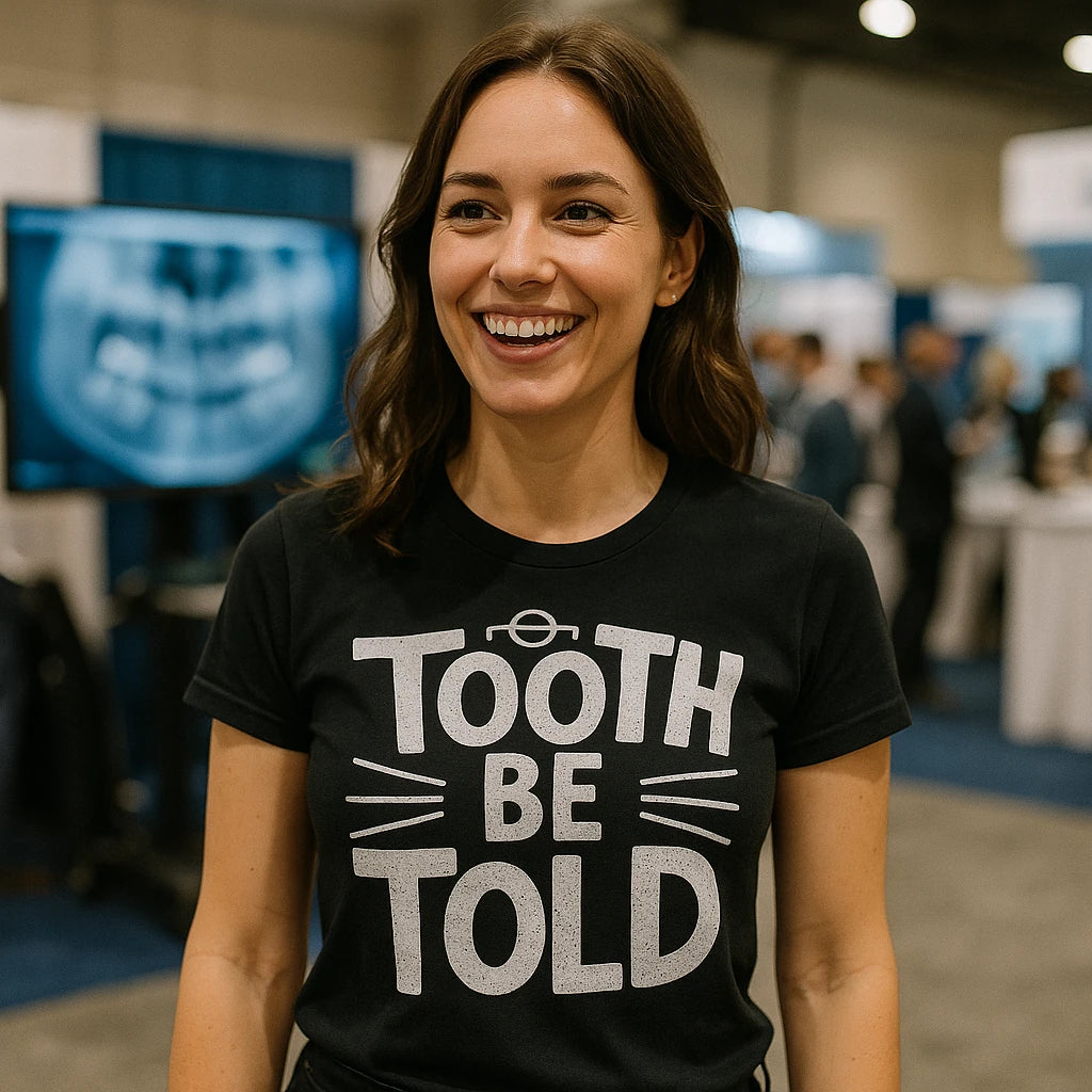 "Tooth Be Told" black dentist t shirt, photographed as dental gifts for dentist