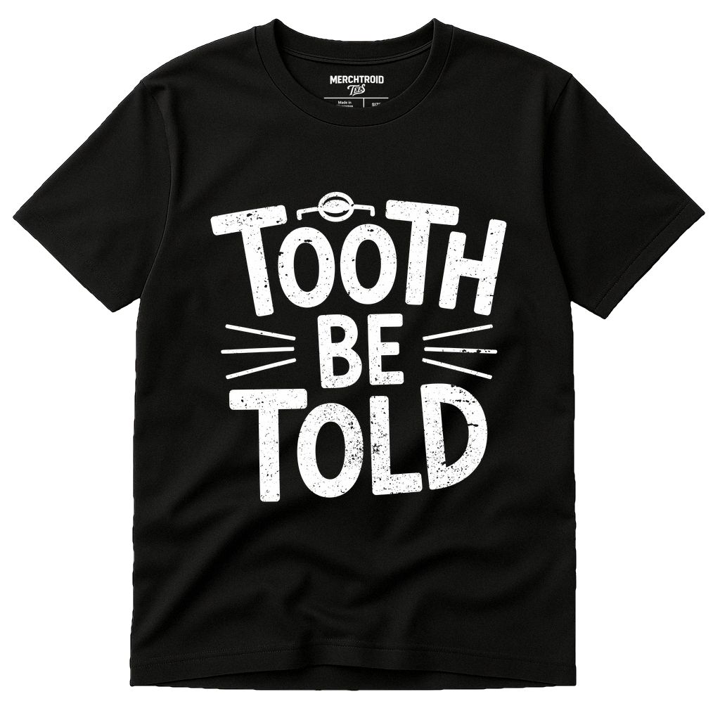 Black Dentist T Shirt - "Tooth Be Told" graphic tee with white print, flat lay product photo