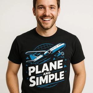 Close-up of the "Plane and Simple" white print on a premium Bella+Canvas black flying shirts