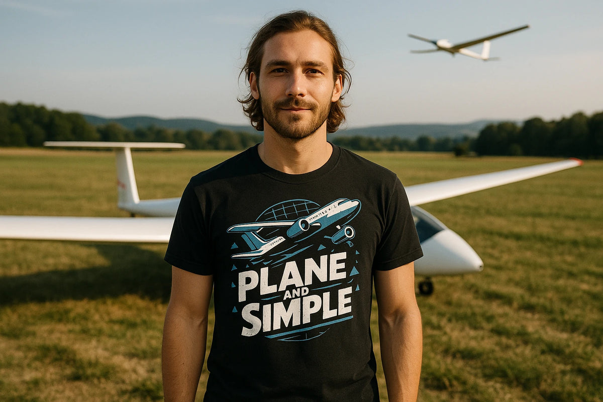 Lifestyle shot of the "Plane and Simple" black flying shirts in a real-world setting