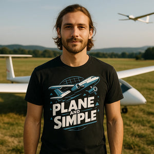 Lifestyle shot of the "Plane and Simple" black flying shirts in a real-world setting