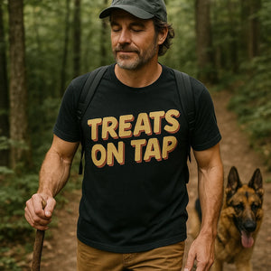 "Treats on Tap" black pet lovers t shirts, photographed as dog lovers lover gift