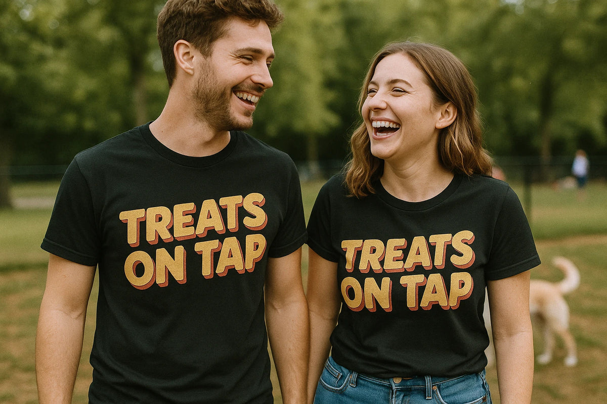 Person wearing the black pet lovers t shirts graphic tee - "Treats on Tap" design