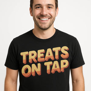 Close-up of the "Treats on Tap" tan print on a premium Bella+Canvas black pet lovers t shirts