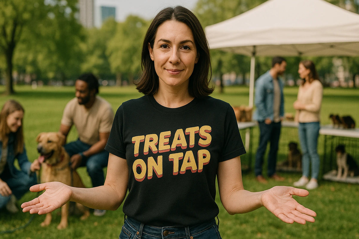 Lifestyle shot of the "Treats on Tap" black pet lovers t shirts in a real-world setting