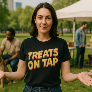 Lifestyle shot of the "Treats on Tap" black pet lovers t shirts in a real-world setting