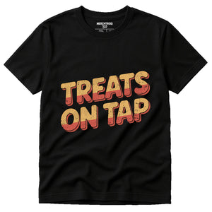 Black Pet Lovers T Shirts - "Treats on Tap" graphic tee with tan print, flat lay product photo