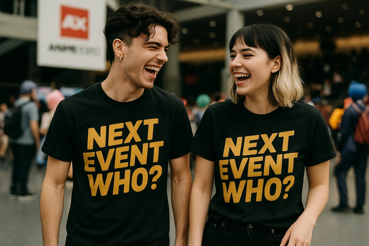 Person wearing the black cosplayers t shirt graphic tee - "Next Event Who" design