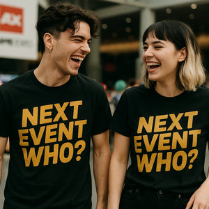 Person wearing the black cosplayers t shirt graphic tee - "Next Event Who" design