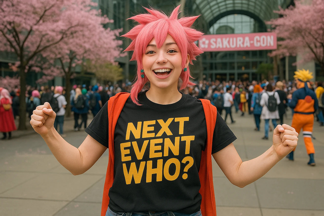 A person with pink spiky hair is smiling and posing energetically at a convention. They are wearing a black T-shirt with the words "NEXT EVENT WHO?" in bold yellow letters, and have an orange jacket draped over their shoulders. In the background, there is a bustling crowd at Sakura-Con, with pink cherry blossom trees lining the scene.