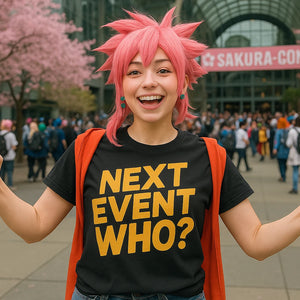 Lifestyle shot of the "Next Event Who" black cosplayers t shirt in a real-world setting